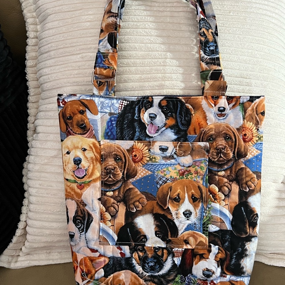 Dog Puzzle Print Tote Bag - Multi-Color Puppy Pattern